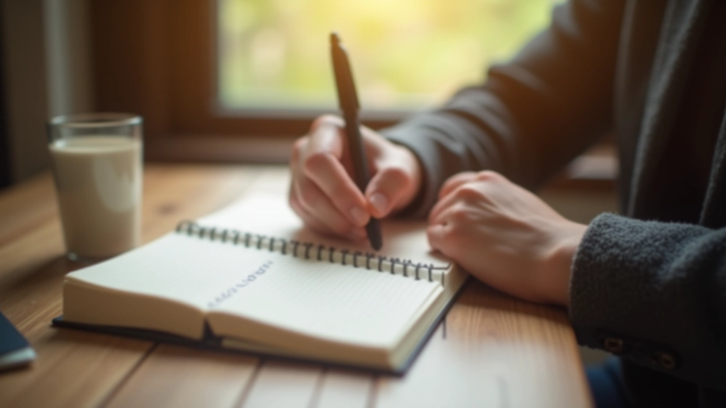 Close-up of hands writing in journal with fountain pen, white pages, wooden desk surface with coffee cup blurred in background, warm desk lighting, detail focused