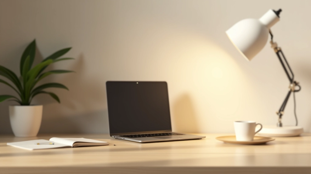 Laptop on minimalist desk with one cup of coffee, notebook beside, clean workspace with single focused light source, professional home office, sharp detail, organized