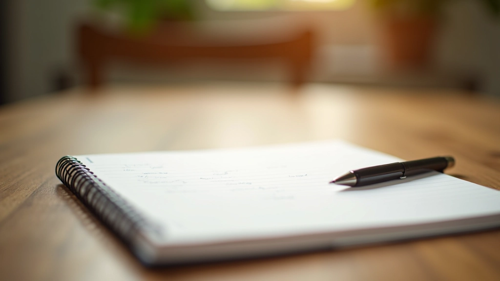 Handwritten notes on lined paper with a pen, desk setup showing journal entries, mindful writing practice