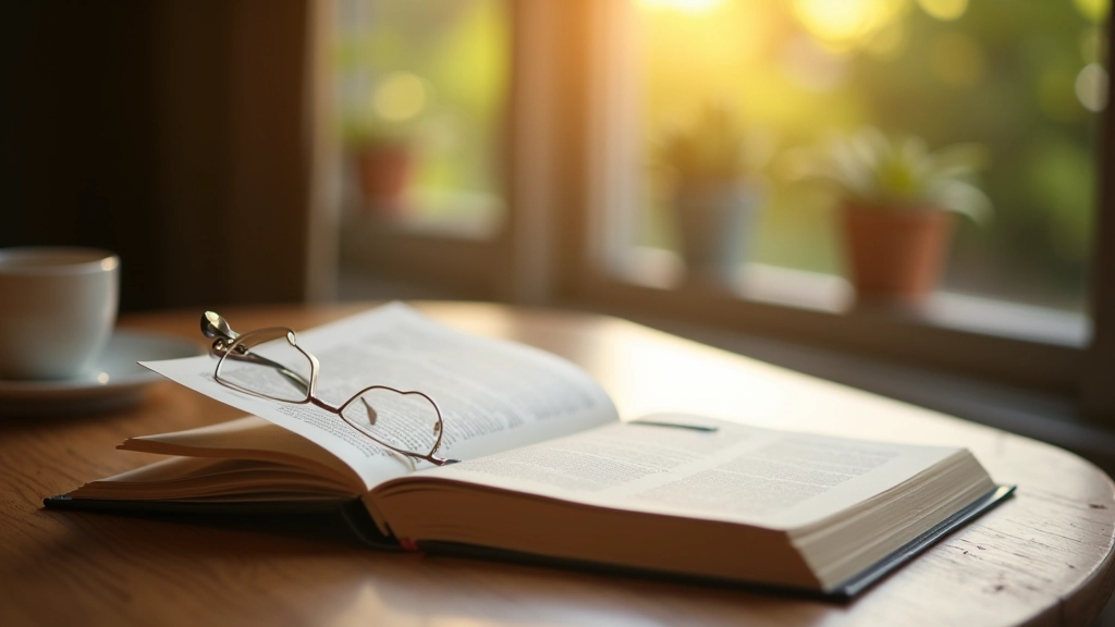 Open book on table with reading environment, peaceful reading setup, natural lighting