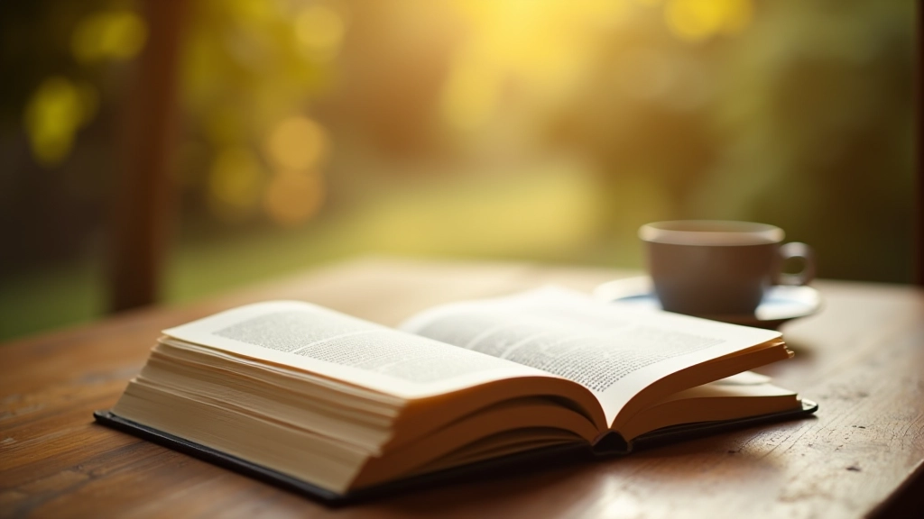 Open book on wooden table with cup of tea beside it, pages slightly worn, warm afternoon light, peaceful reading environment