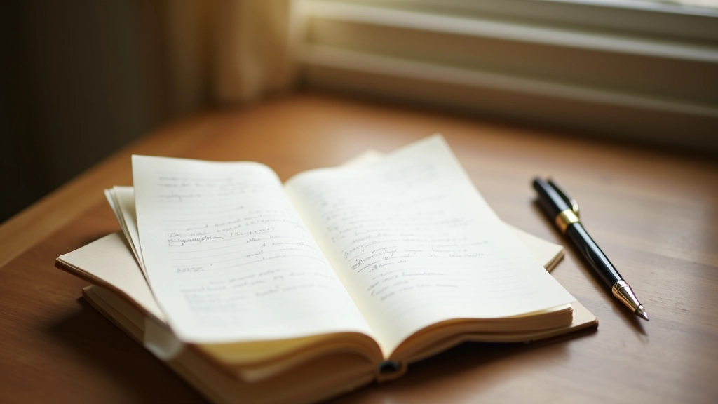 Open journal with handwritten reflections, pen resting on page, warm morning light from window, minimalist desk setup