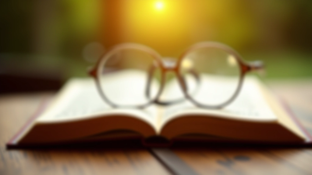 Open book on wooden desk with reading glasses nearby, afternoon sunlight creating shadows, person's hand resting on page, warm library setting, close detail