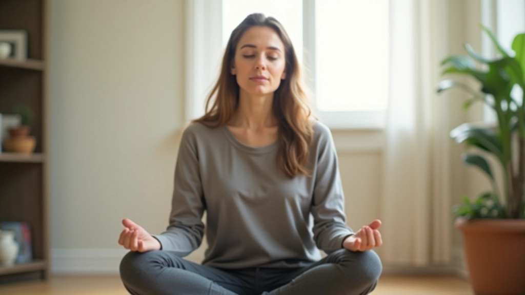Person sitting cross-legged on yoga mat in bright room with window light, eyes closed in meditation posture, hands resting on knees, peaceful indoor setting, realistic photograph