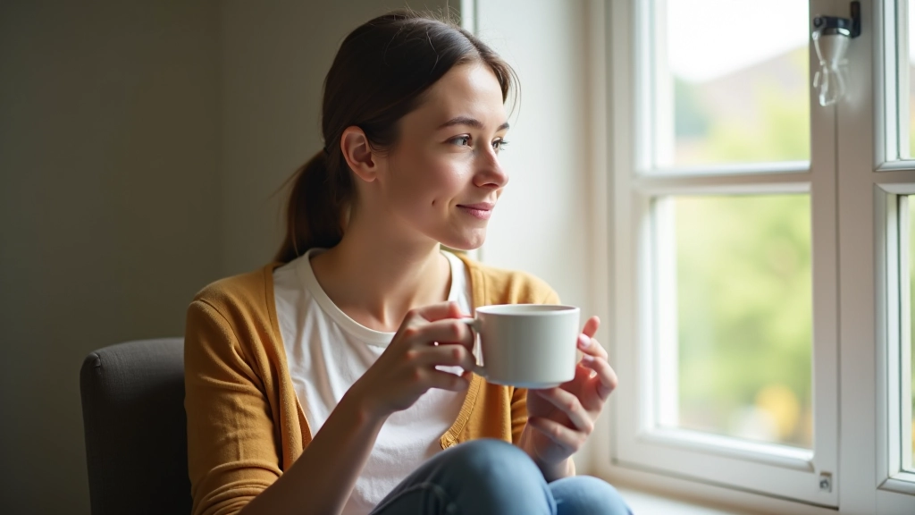 Person sitting calmly by a window with a cup of tea, peaceful morning light streaming in, serene expression