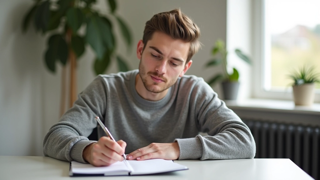 Person sitting at desk with calendar and planner, thoughtfully writing notes, morning light, focused expression