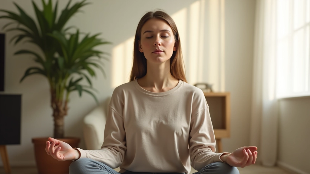 Person practicing breathing exercises, demonstrating mindfulness and calm response techniques, peaceful indoor setting with soft natural light