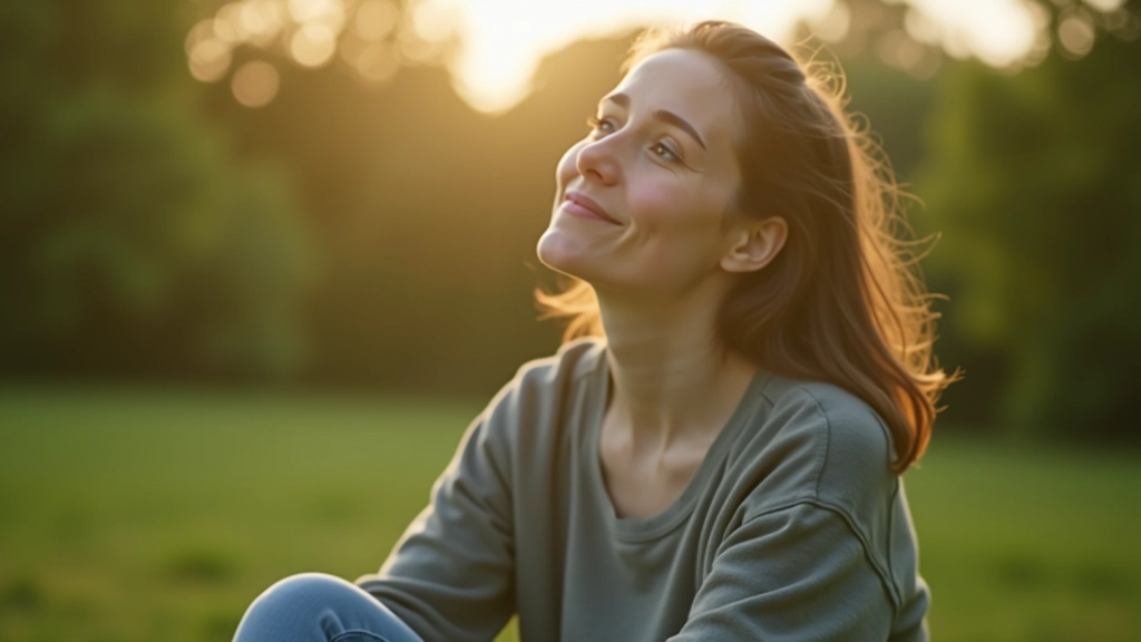 Peaceful person practicing mindfulness with calm expression, serene natural setting, morning light, breathing exercise