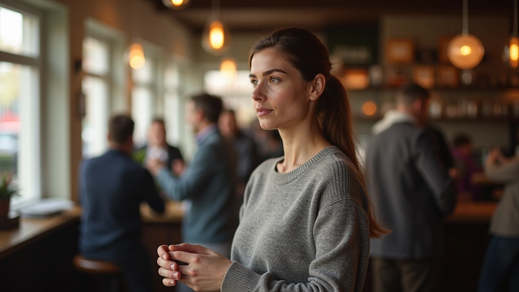 Person in a queue at a café, standing calmly with hands relaxed at sides, morning light through large windows, peaceful expression, realistic professional photo