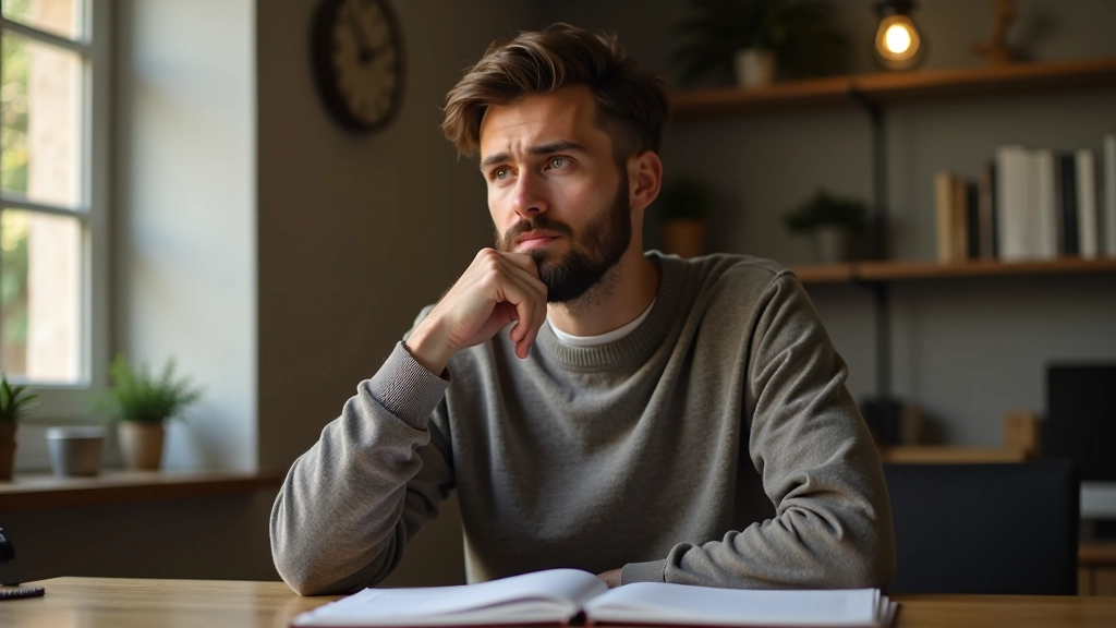 Person pausing in conversation, demonstrating the moment of conscious choice before responding, calm office setting with warm lighting