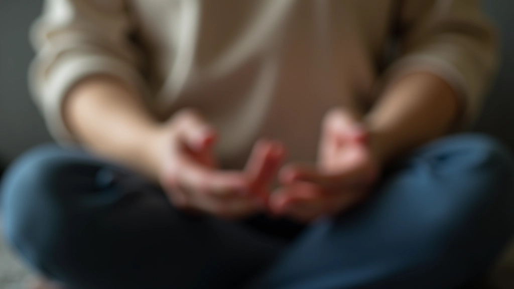 Close-up of person's hands resting peacefully on lap during mindfulness session, calm composed expression, soft natural lighting