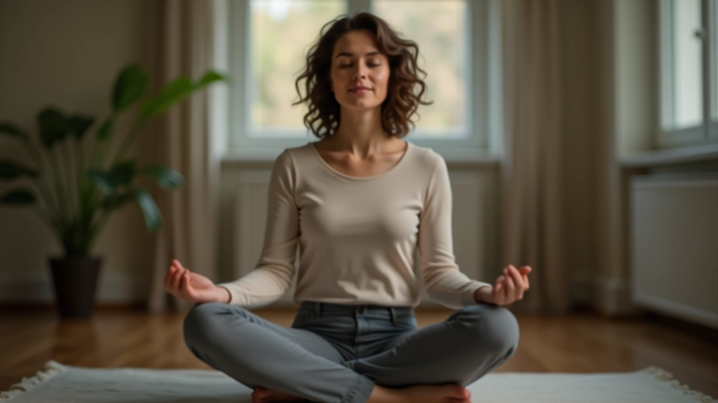 Person sitting cross-legged on floor with eyes closed, practicing breathing exercise, serene indoor space with soft ambient light