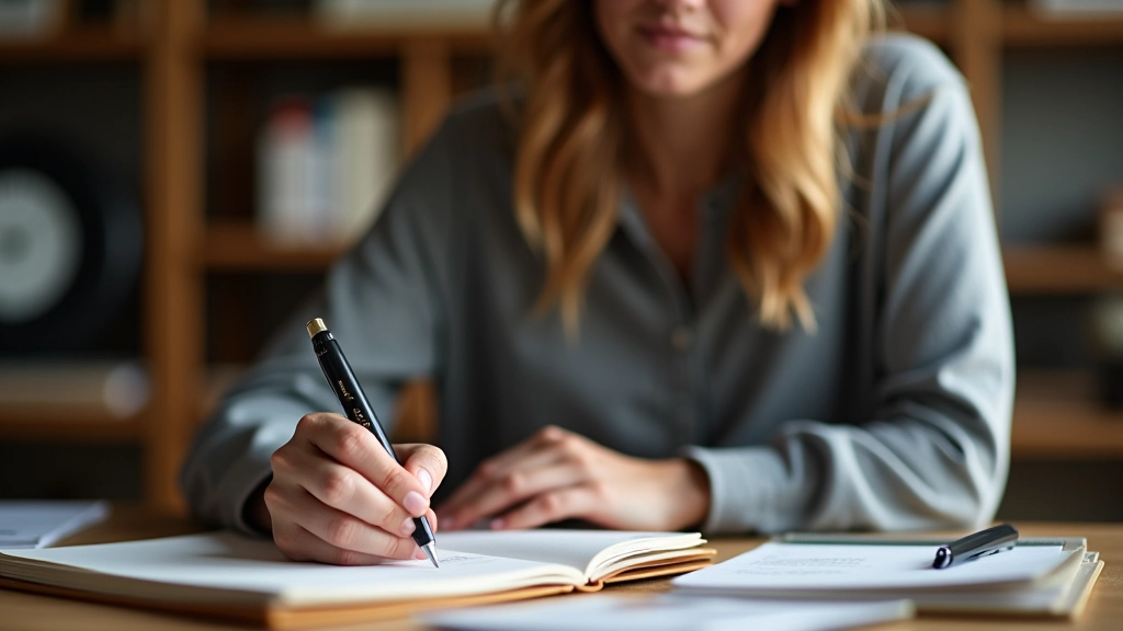 Person writing in journal at wooden desk, pen in hand, thoughtful expression, warm natural light through window, organized notebook