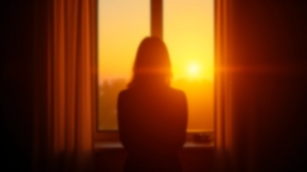 Silhouette of person in window frame during sunset, arms relaxed at sides, peaceful posture, golden hour light casting long shadows
