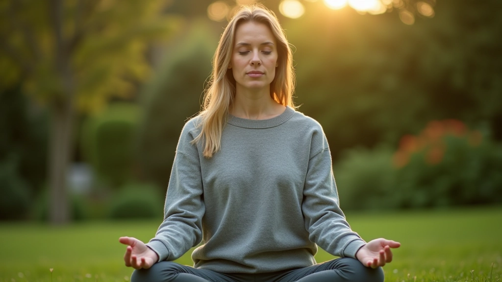 Person meditating in a peaceful garden setting with morning sunlight, flowers in soft focus around them, serene expression
