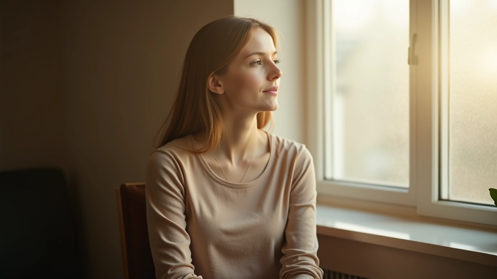 Person sitting in contemplative pose by a window